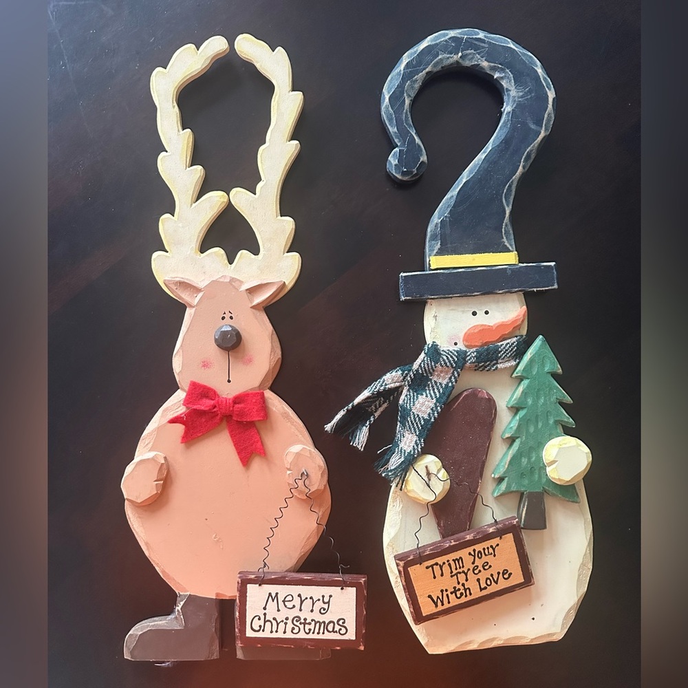 Set of Festive Reindeer and Snowman Holiday Door Knob Hangers, Each ~18"